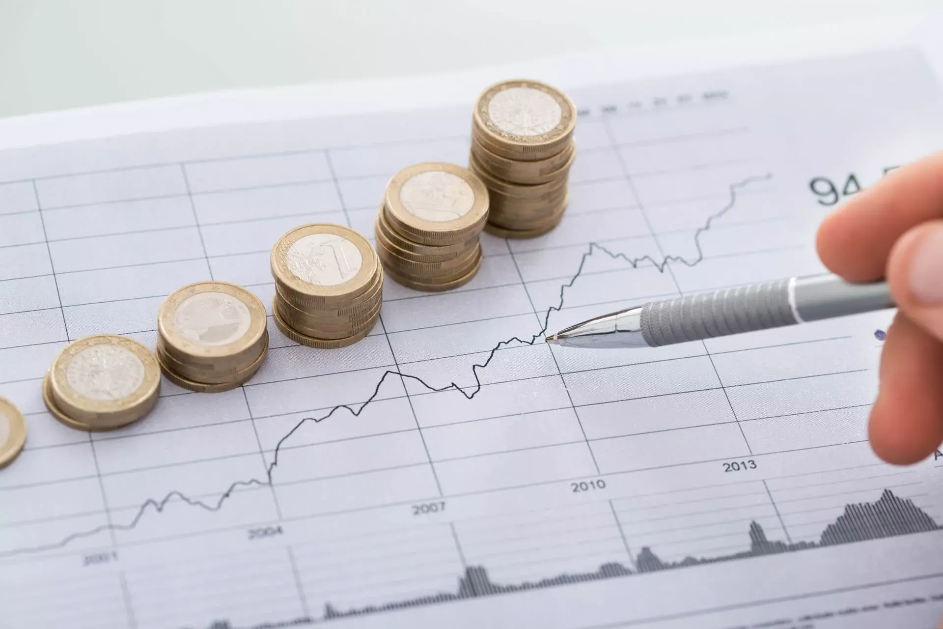 Hand mit Stift zeigt auf ein Finanzchart mit Preisentwicklung und ansteigenden Münzstapeln.