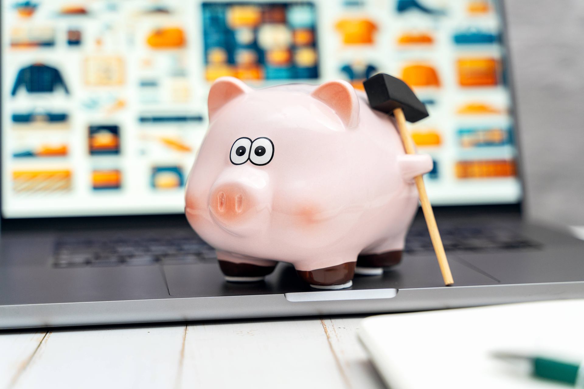 Online-Shopping: Sparschwein auf Laptop-Tastatur Online-Shopping: Sparschwein auf Laptop-Tastatur